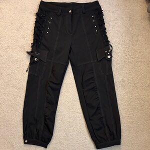 KARA Black Y2K Cargo Pants with Suede Lace-Up Sides And Snap Buttons